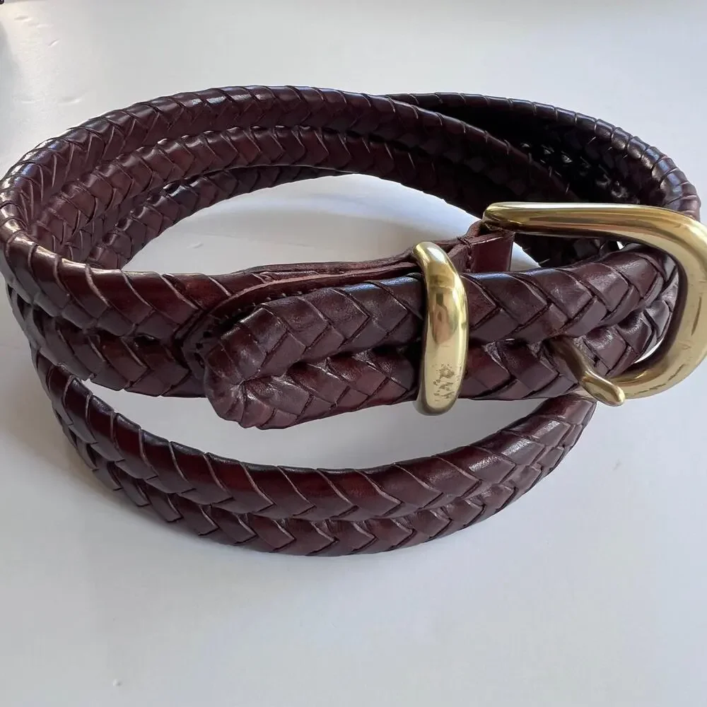 Coach Brown Braided Leather Belt Solid Brass Buckle Adjustable Vintage 36
